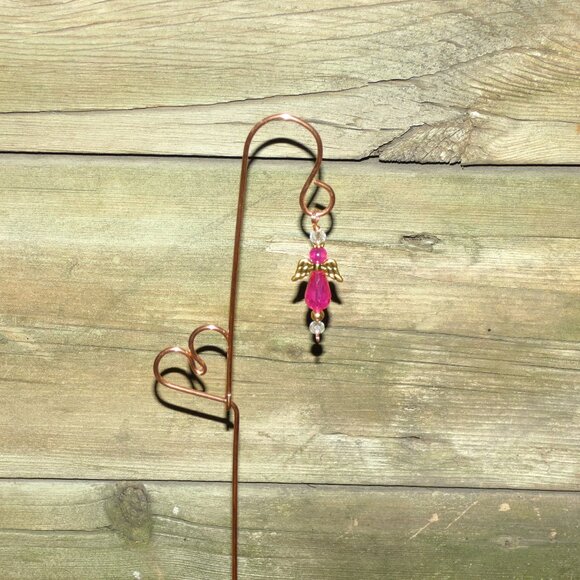 Copper Heart Plant Stake, Indoor or Outdoor Yard Art Pink Angel Embellishment - Picture 6 of 9